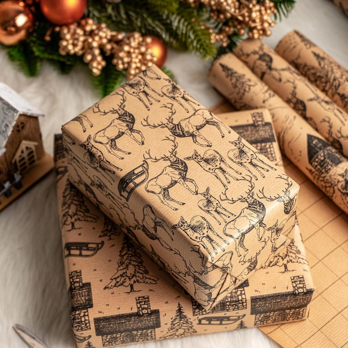 GESCHENKPAPIER 4 Rollen Kraft-Weihnachtslandschaft 43,5 x 305 cm - Braun, Papier (4/44/15cm)