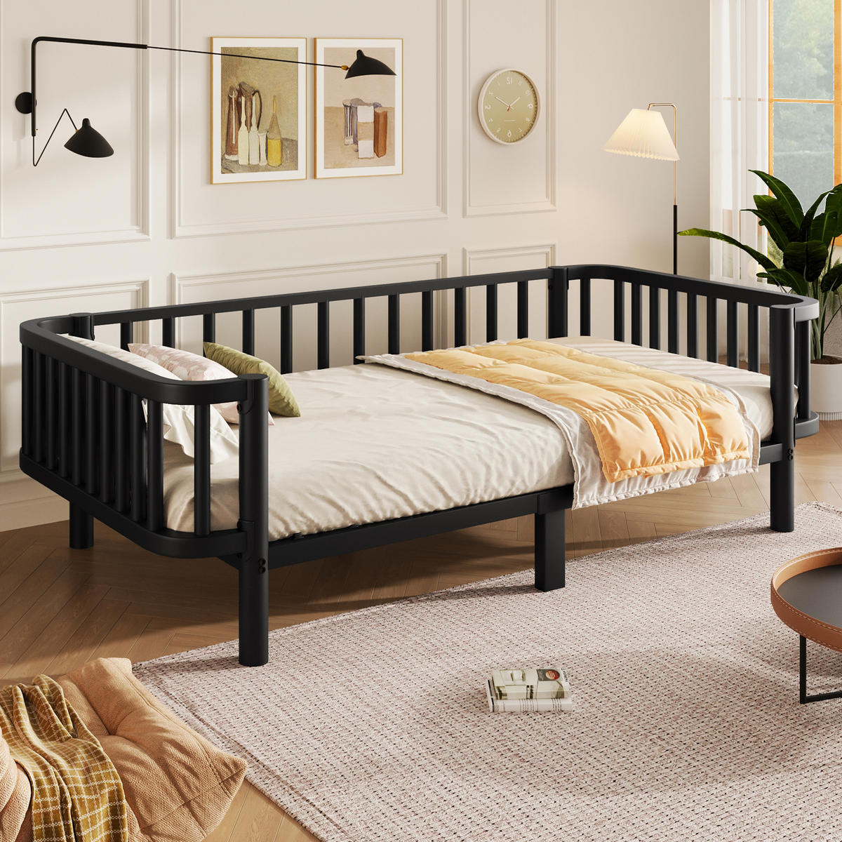 TAGESBETT 90 x 200 cm, stabiles Lattenrost aus Stahl, Schwarz - Schwarz, Metall (90/200cm) - KOMHTOM
