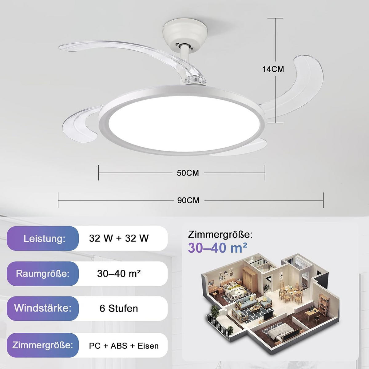 DECKENVENTILATOR FA1021M mit Beleuchtung - Weiß, Metall (50/50/14cm) - LOVHAUS