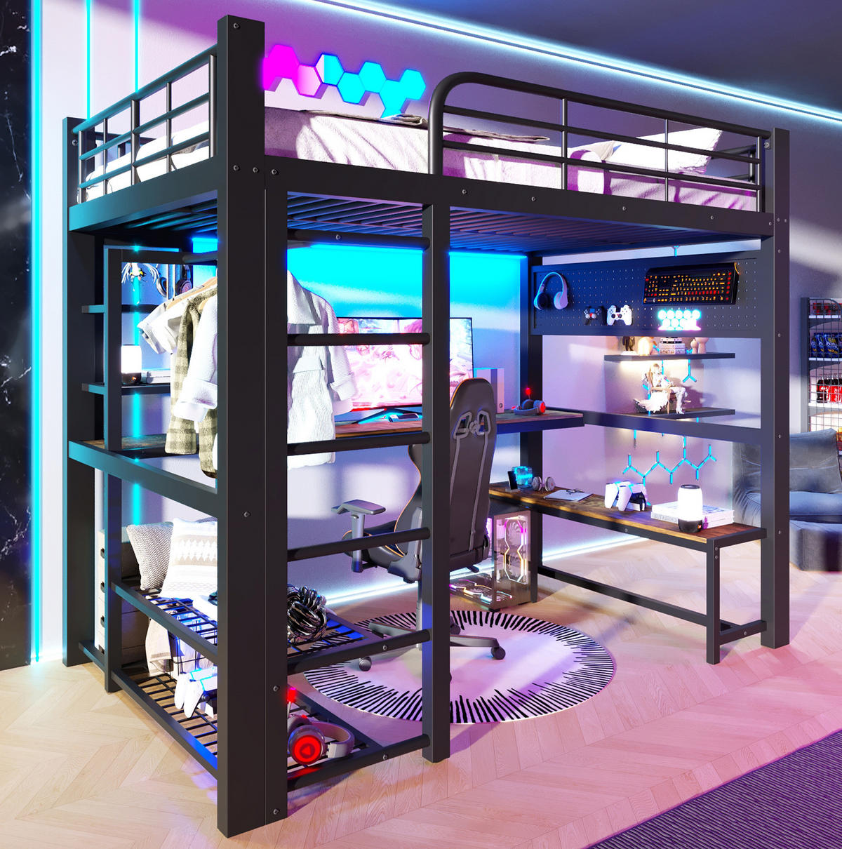 HOCHBETT 140/200 cm mit LED-Beleuchtung, Schreibtisch, Ablagen und Kleiderstange, Schwarz - Schwarz, Metall (140/200cm) - Redom
