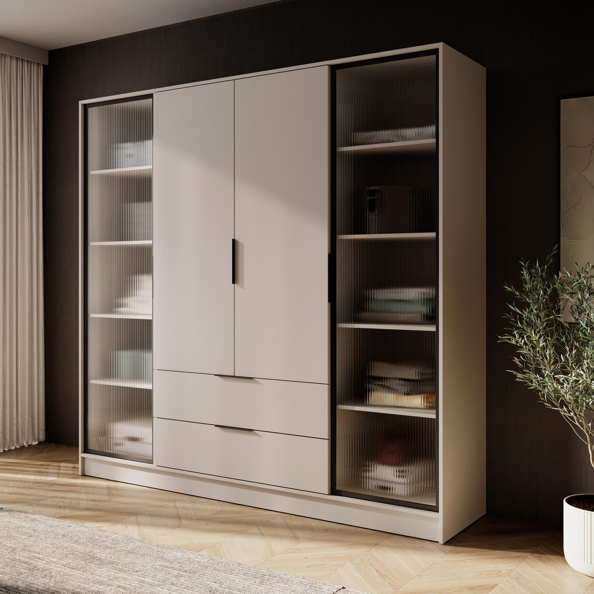 KLEIDERSCHRANK RICADI 4D RD (Kaschmir, Riffelglas, 4 Türen, 2 Schubladen, Kunststoffgriffe) - Kaschmir/Schwarz, Holz/Holzwerkstoff (206/200/51cm) - Ravio