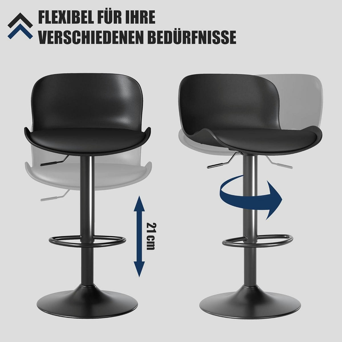 BARHOCKER 2er Set höhenverstellbar, mit Rückenlehne aus PU-Leder in Schwarz - Schwarz, Kunststoff (48/97/45cm)