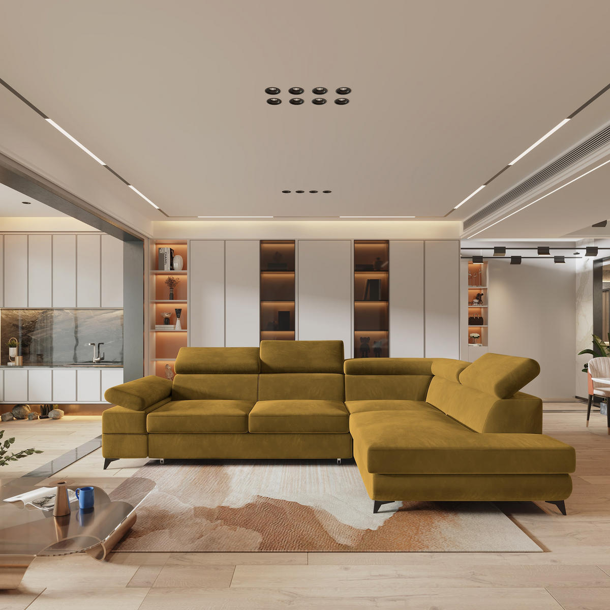 ECKSOFA FAVIEN R-S Gelb Velours-Stoff mit Schlaffunktion - Gelb, Holz (257/190cm) - MASSENO