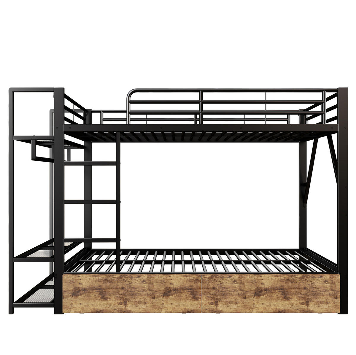 ETAGENBETT aus Metall und MDF 140x200 cm Schwarz mit LED-Lichtleiste, 2 Schubladen, Regalen und Kleiderstange - Schwarz, Metall (140/200cm) - Modfu