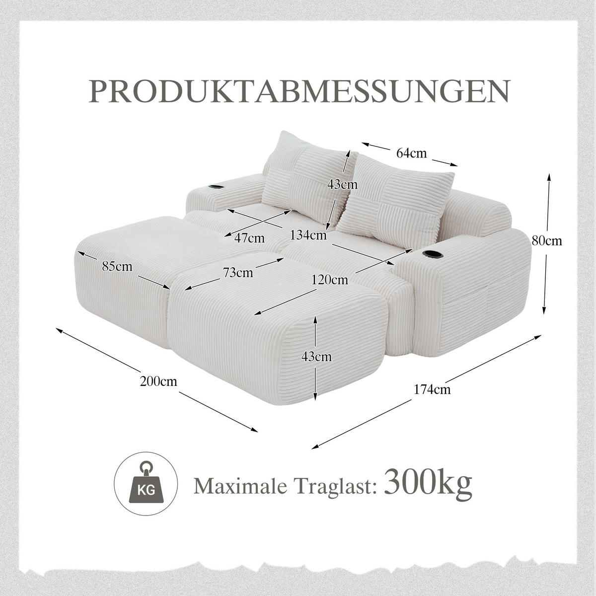 MODULARES 2-Sitzer Sofa Cordstoff mit Getränkehalter und Seitentasche 200/174/80 cm Beige - Beige, Textil (174/80/200cm) - Redom