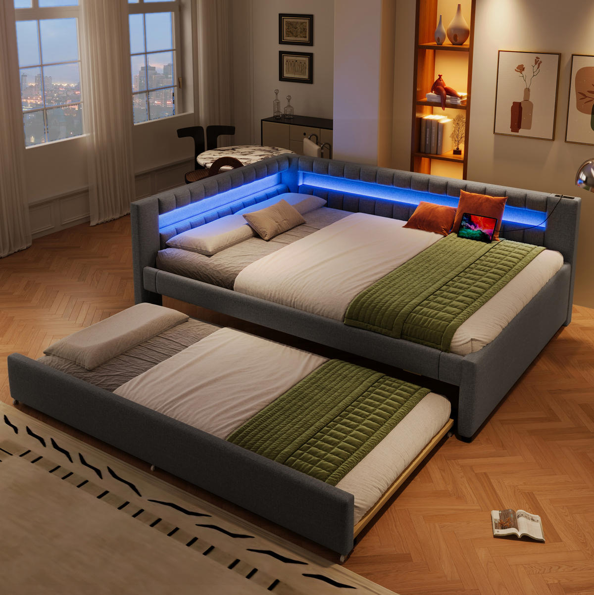 POLSTERBETT 140/200 cm Grau aus Leinen mit Ausziehbett und LED-Lichtleiste - Grau, Textil (140/200cm) - OKMYHOME