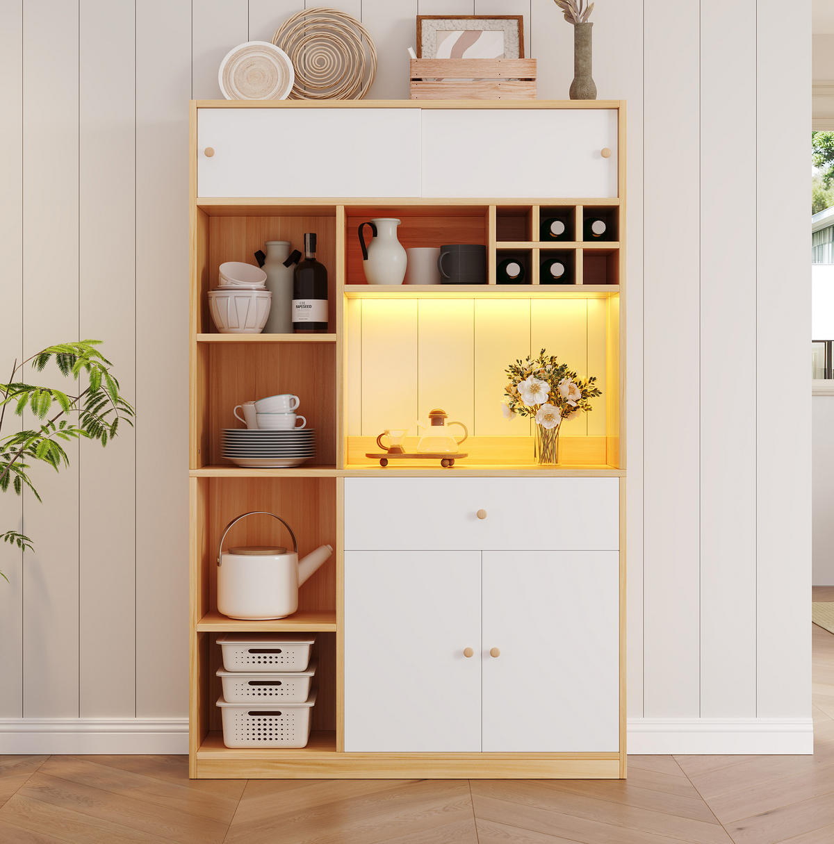 HIGHBOARD 115/35/180 cm, mit einstellbarer LED-Beleuchtung und viel Stauraum, Weiß/Natural - Naturfarben, Holzwerkstoff (115/180/35cm) - Redom