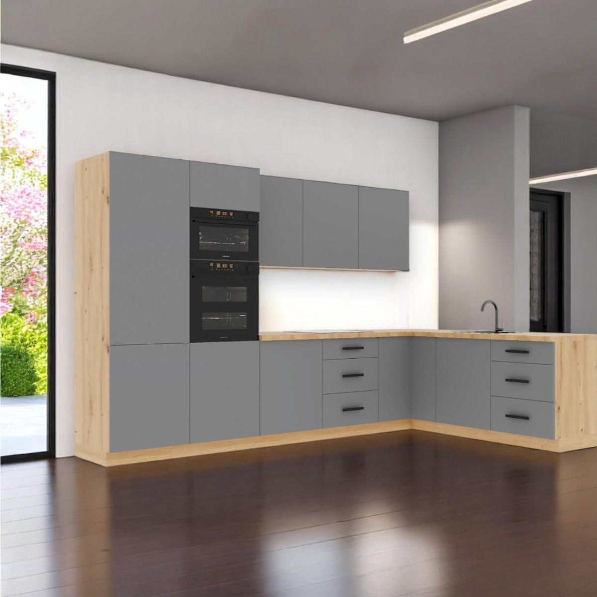 WINKELKÜCHE 330 cm - Langen K100-M330 - in Beige/Matt - Beige, Holz (330/212/210cm)