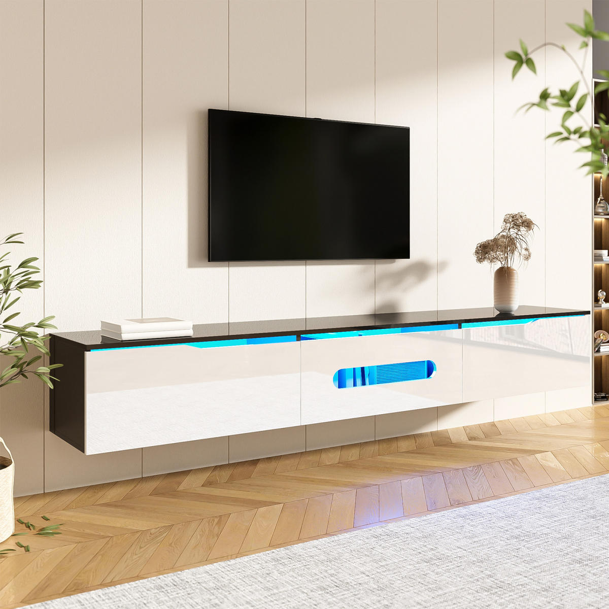 TV Lowboard LED, hängend, 3 Klapptüren, Weiß Schwarz - Weiß, Holz (180/30/35cm)