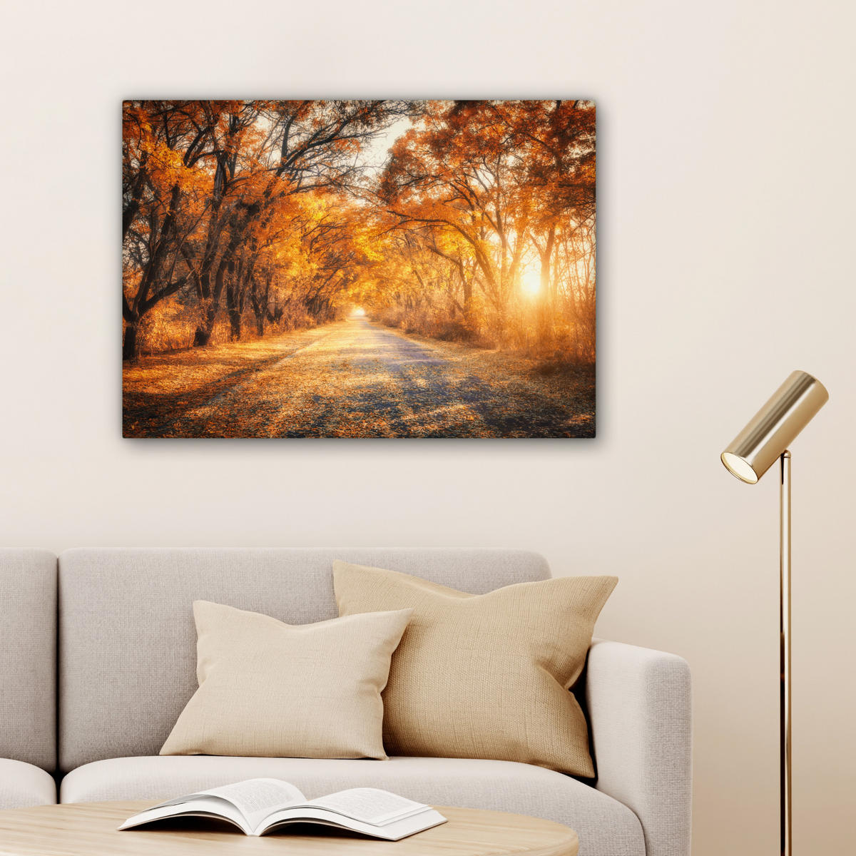 LEINWANDBILD Wald - Herbst - Bäume - Waldweg - Natur Wandbilder 80x60 cm - Bernsteinfarben, Textil (80/60cm) - MuchoWow