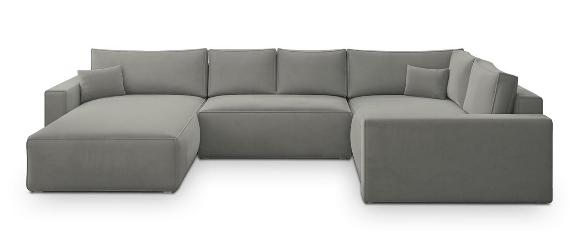 WOHNLANDSCHAFT VELAMI R-S Hellgrau Velours-Stoff mit Schlaffunktion - Hellgrau, Holz (365/83/194cm) - MASSENO