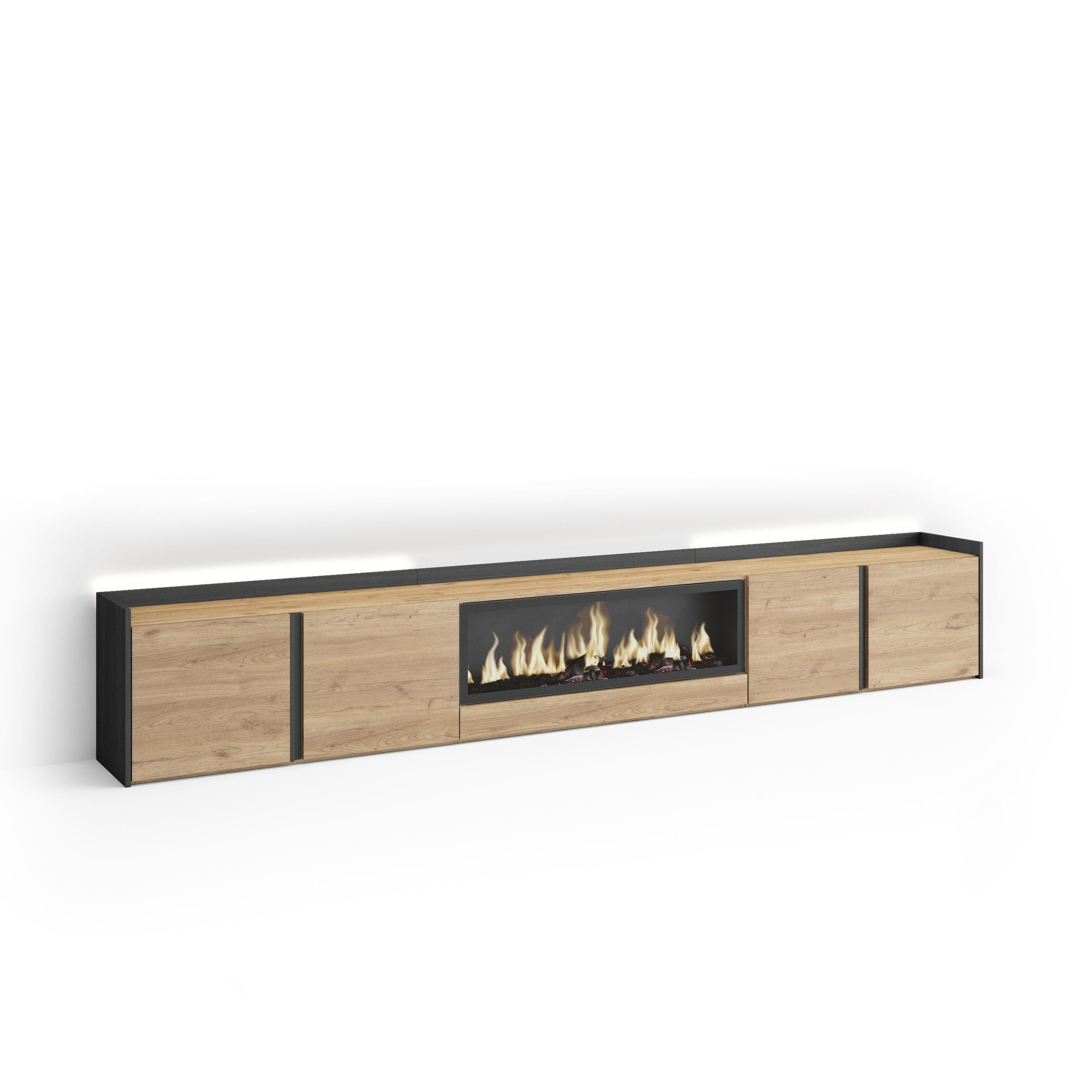 LOWBOARD, Eiche und Schwarz, 315/35/50cm, Kamin mit Feuereffekt XXL - Eichefarben, Holzwerkstoff (315/50/35cm) - Skraut Home