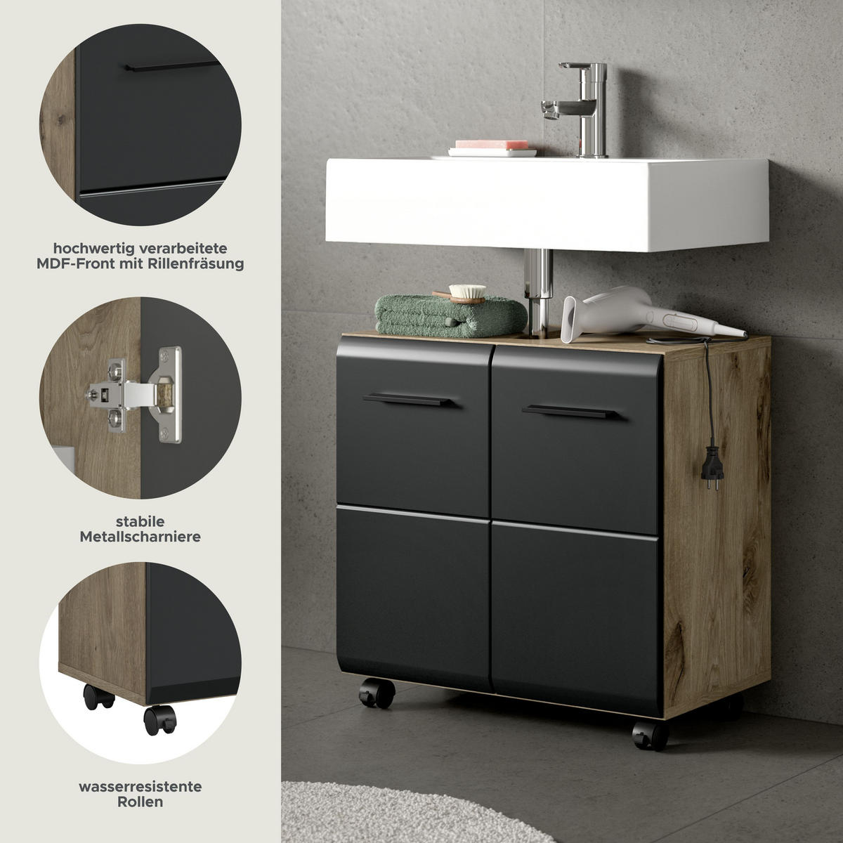 WASCHBECKENUNTERSCHRANK AUF ROLLEN Ice schwarz matt 60/30/58 cm - Braun, Holzwerkstoff (60/58/30cm) - Xonox