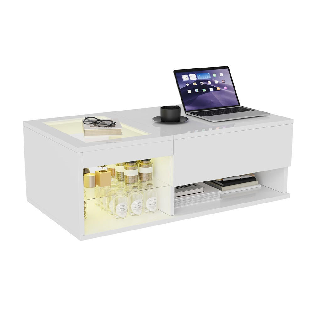 COUCHTISCH Rechteckig - Höhenverstellbarer Couchtisch mit LED - Hochglanz Lift-Top Tisch mit Glasablage - Weiß - Weiß, Holzwerkstoff (55/100/35cm) - DELFA