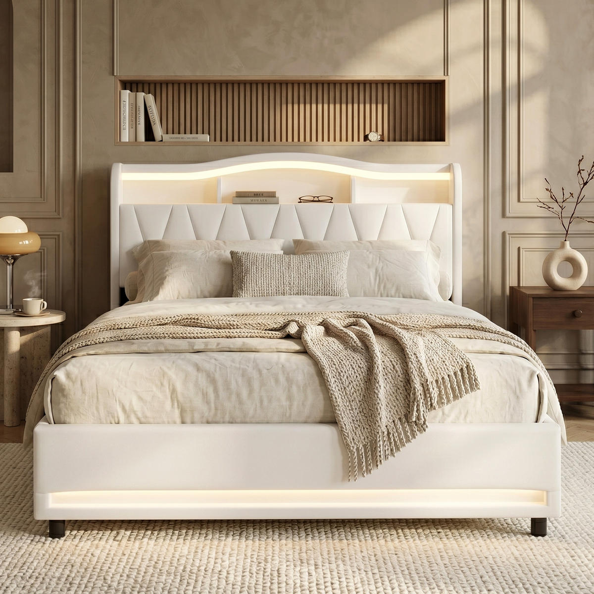 POLSTERBETT Geometrisch 140/200 cm mit 4 Schubladen & App-LED Samtoptik Beige - Beige, Textil (140/200cm) - Creahappy
