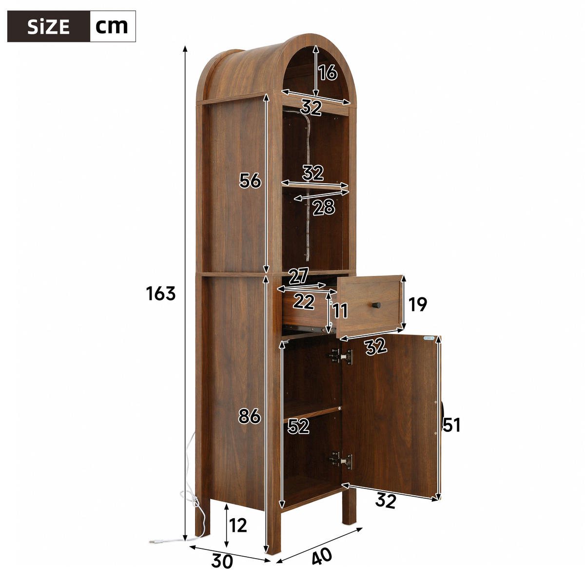 HOCHSCHRANK Walnussfarben mit RGB‑LED‑Beleuchtung, App‑Steuerung und wendbaren Türen, 40 × 30 × 163 cm - Walnussfarben, Holzwerkstoff (40/163/30cm) - Luhomfu
