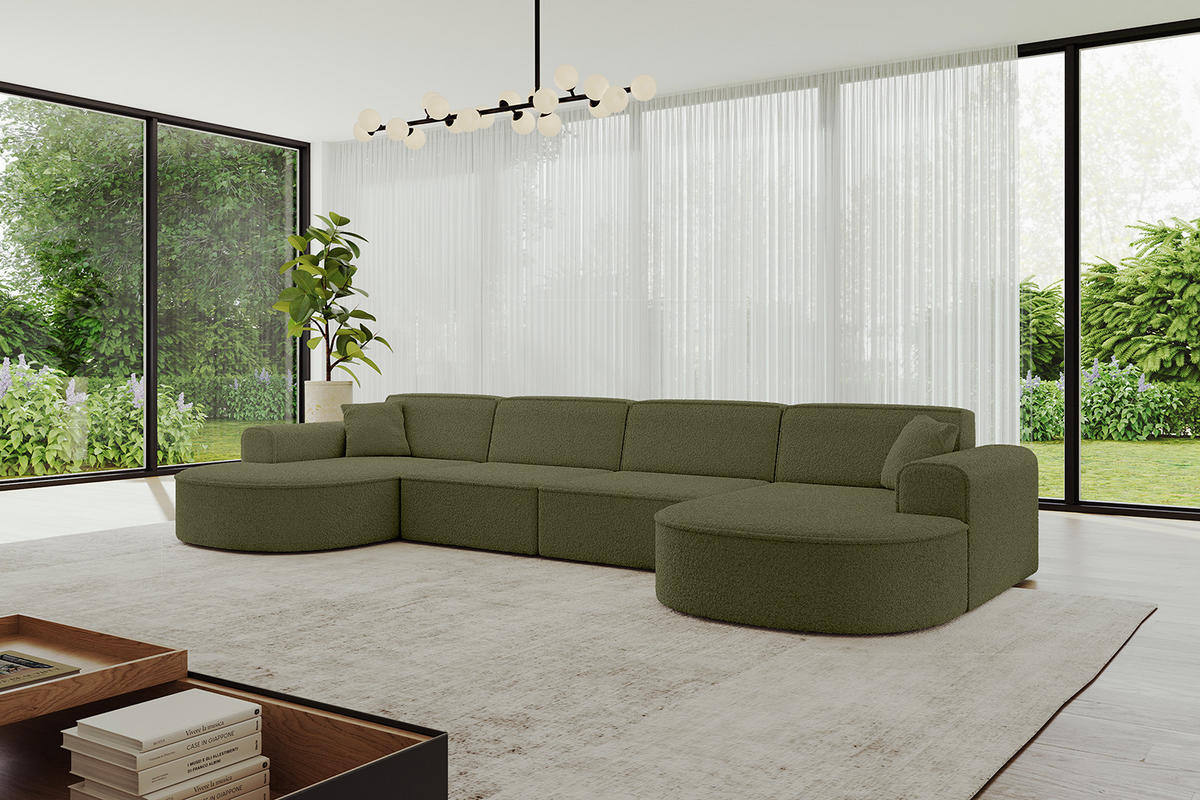 WOHNLANDSCHAFT MARI-U2 - 380x163x73,5 cm Grün Bouclé - Schwarz/Grün, Holzwerkstoff/Kunststoff (380/73.5/163cm) - ALTDECOR