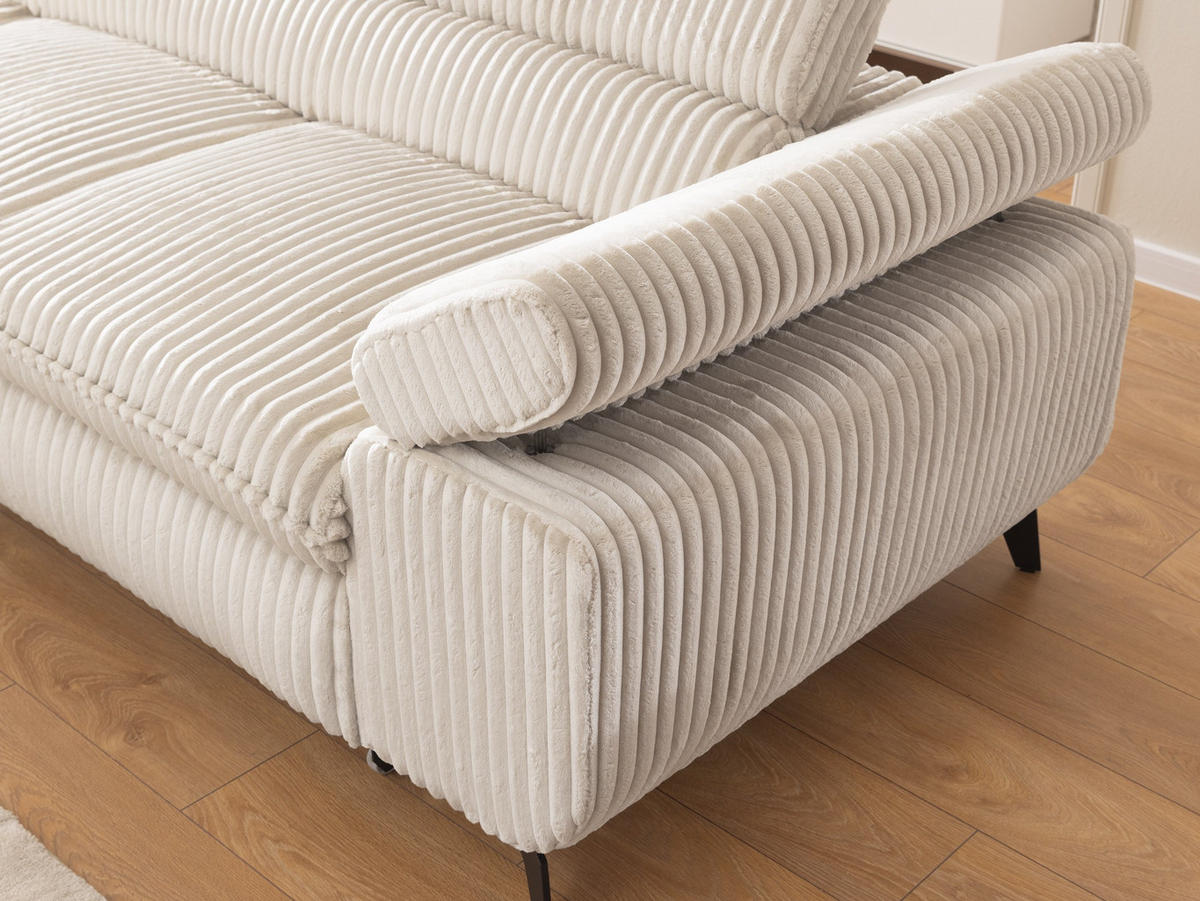 ECKSOFA mit Schlaffunktion und Bettkasten Bonnie aus Creme Cord-Stoff mit verstellbaren Kopfstützen und Armlehne - Ottomane links - Creme/Schwarz, Holz/Textil (275/210cm) - S-Style Möbel