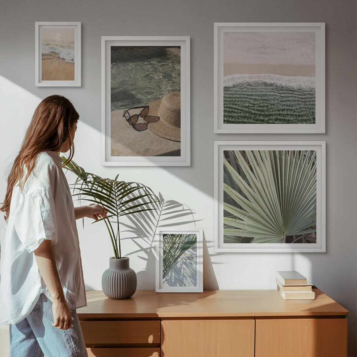 WANDBILDER 5er-Set - 50x50 cm & 20x30 cm & 40x60 cm Weißer Rahmen - Strandhut und Sonnenbrille - Weiß, Kunststoff (40/60cm) - ArtPrintCave