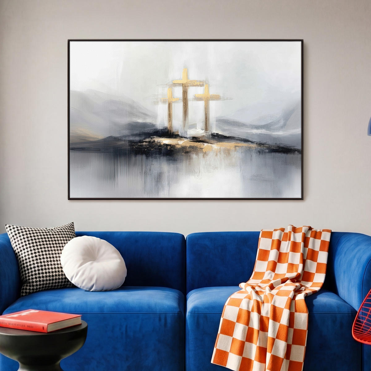 LEINWAND Bilder mit Rahmen - Abstrakt - Malerei - Christentum - Kreuz - 90x60 - Weiß, Textil (90/60cm) - MuchoWow