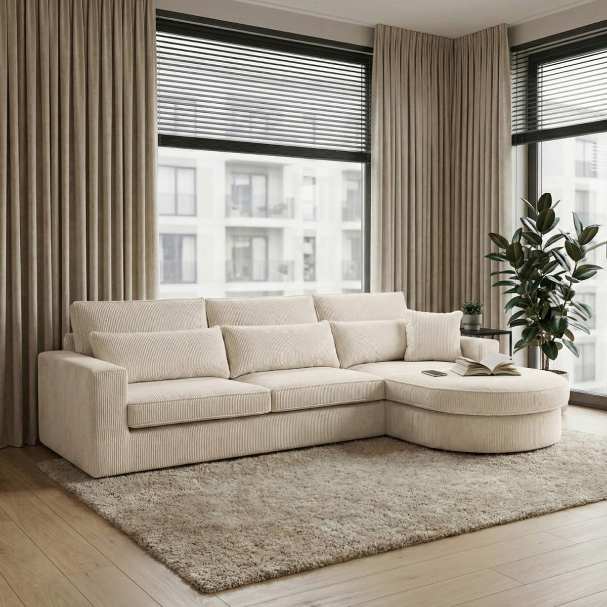 ECKSOFA Pablo ohne Schlaffunktion, mit abgerundeter Ottomane, rechts, Beige - Beige, Textil (319/196cm) - Beautysofa