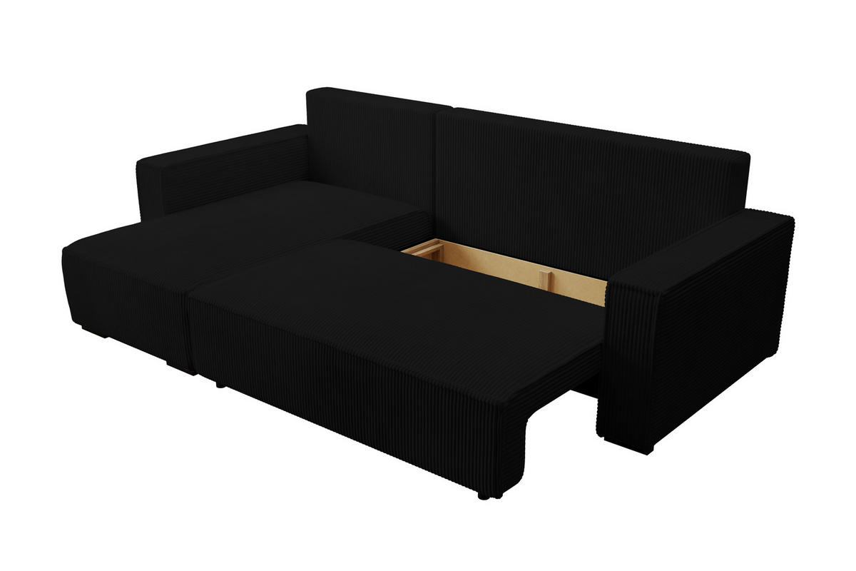 ECKSOFA CUDDY L, Eckcouch in L-Form mit Schlaffunktion und Bettkasten, Farbe: Schwarz, Cordstoff, Ottomane Links - Schwarz, Textil (240/140cm) - Storez24