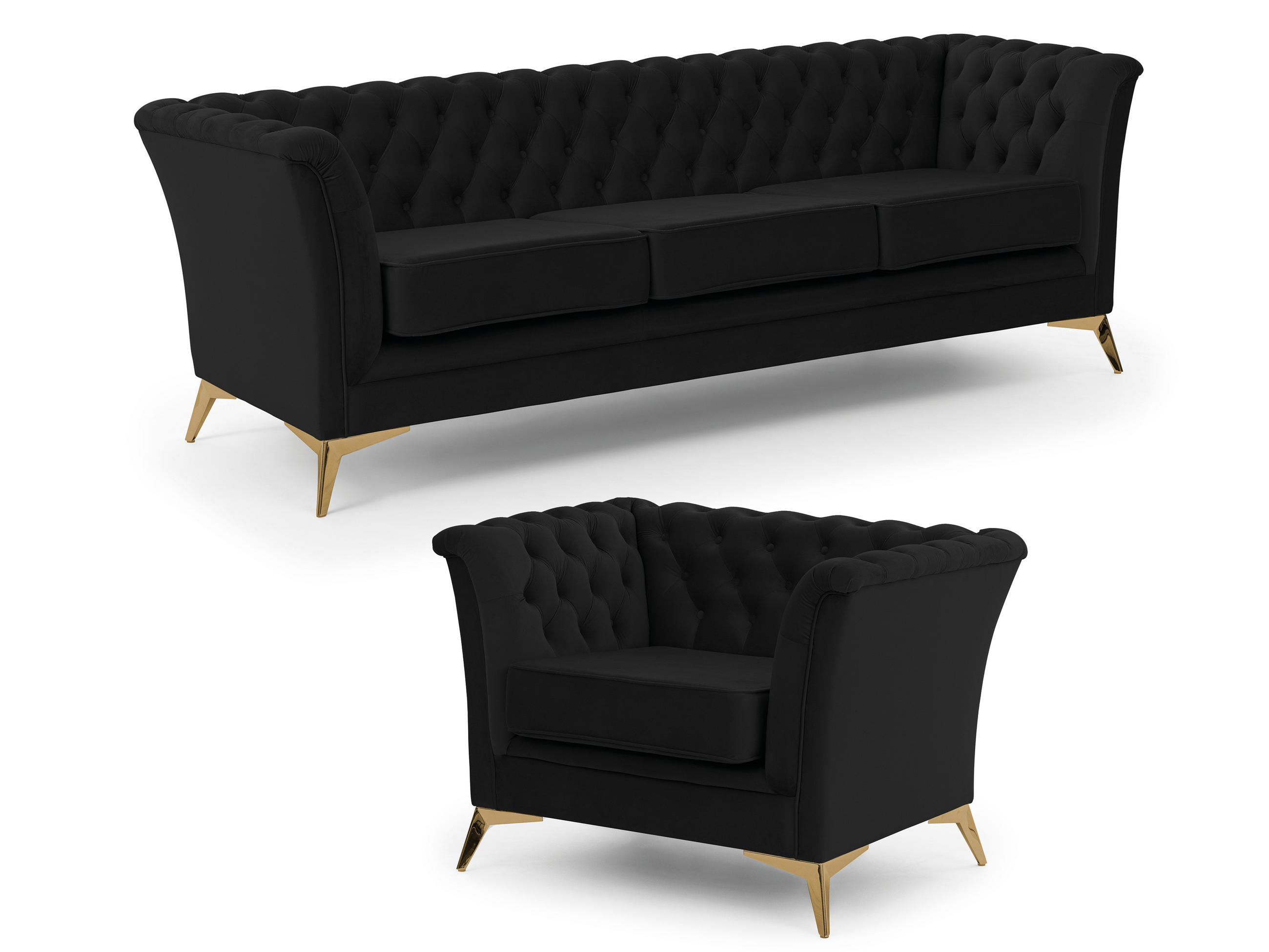 SITZGARNITUR 3+1 Chesterfield Whitby Schwarz Samt mit goldenen Füßen - Goldfarben/Schwarz, Holz/Textil (237/78/82cm) - S-Style Möbel