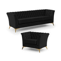 SITZGARNITUR 3+1 Chesterfield Whitby Schwarz Samt mit goldenen Füßen - Goldfarben/Schwarz, Holz/Textil (237/78/82cm) - S-Style Möbel