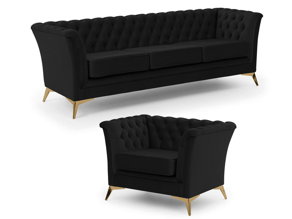 SITZGARNITUR 3+1 Chesterfield Whitby Schwarz Samt mit goldenen Füßen - Goldfarben/Schwarz, Holz/Textil (237/78/82cm) - S-Style Möbel