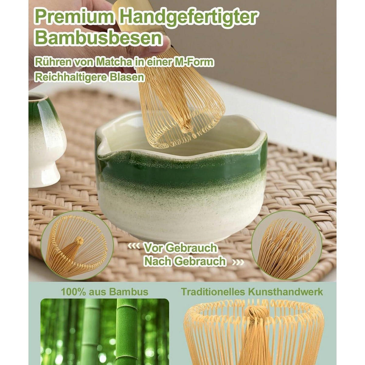 MATCHA Set 7-teilig mit Bambusbesen und Schale - Grün, Keramik (15/10/20cm)