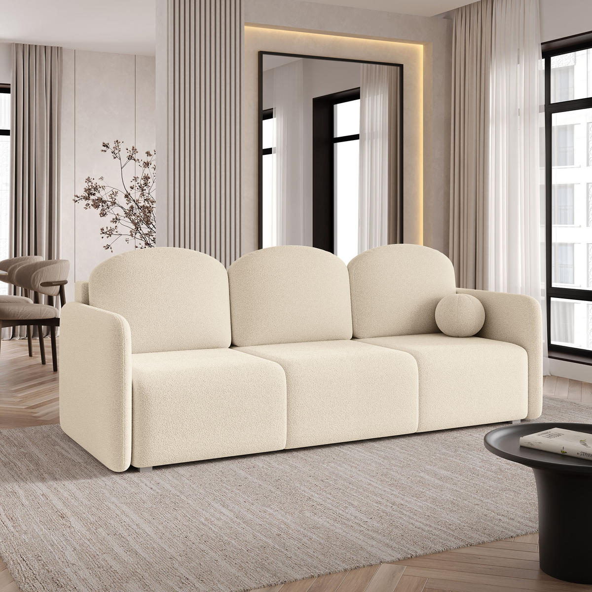 BETTSOFA SUVI III Q Creme Bucle-Stoff mit Schlaffunktion - Creme, Textil (220/85/90cm) - MASSENO