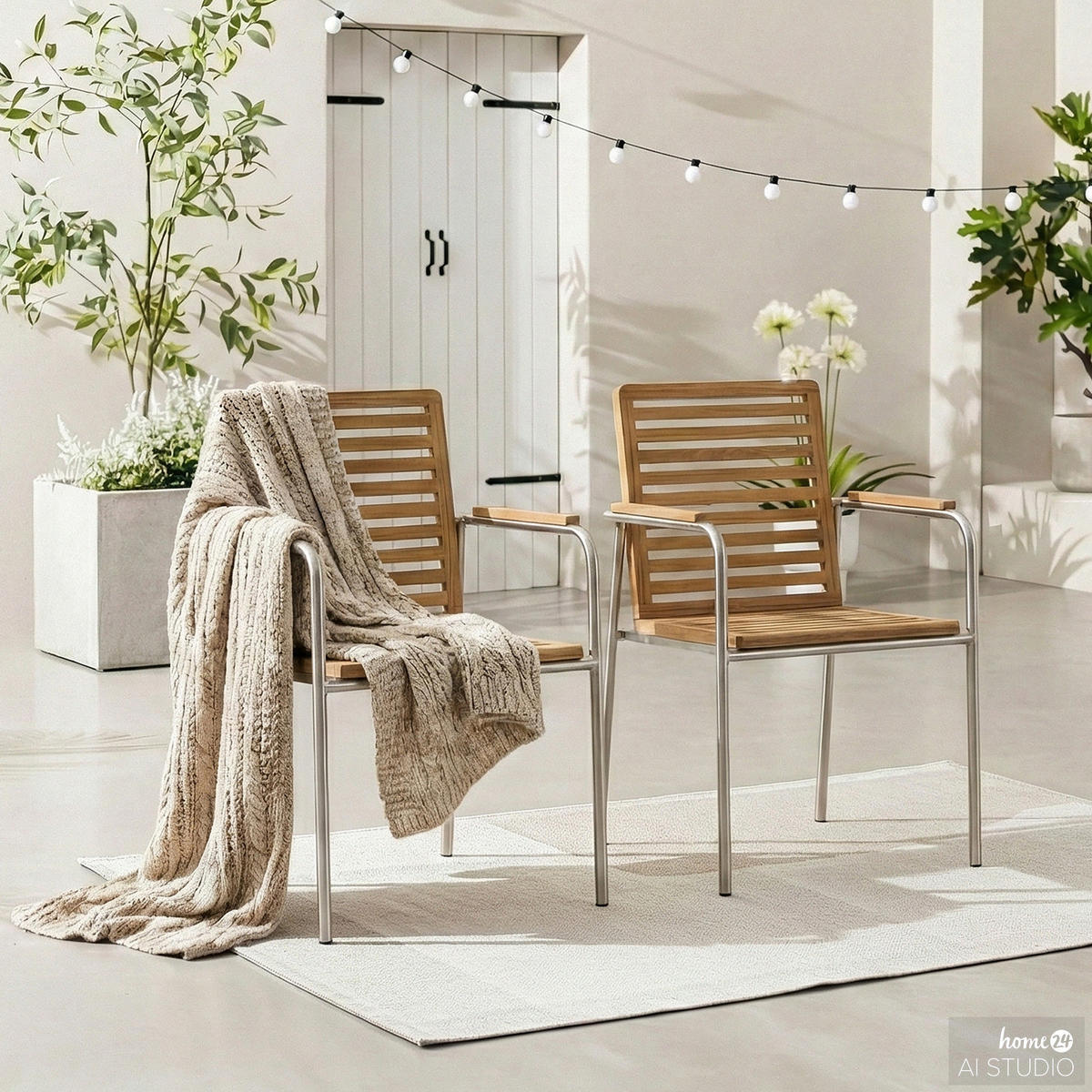 STAPELSTUHL - 2er-Set - Teak massiv / Edelstahl - Braun - Teakfarben, Holz/Metall (56/86/55cm) - home24