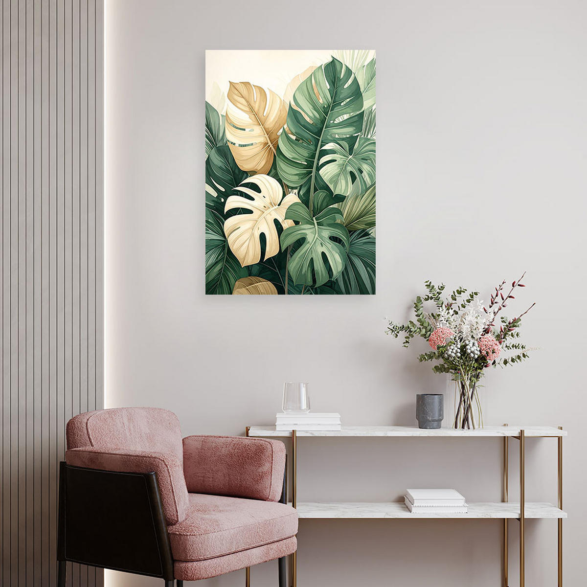 LEINWANDBILDER, Tropische Monstera-Blätter in Grün und Beige - Grün, Textil (60/90cm) - Feeby