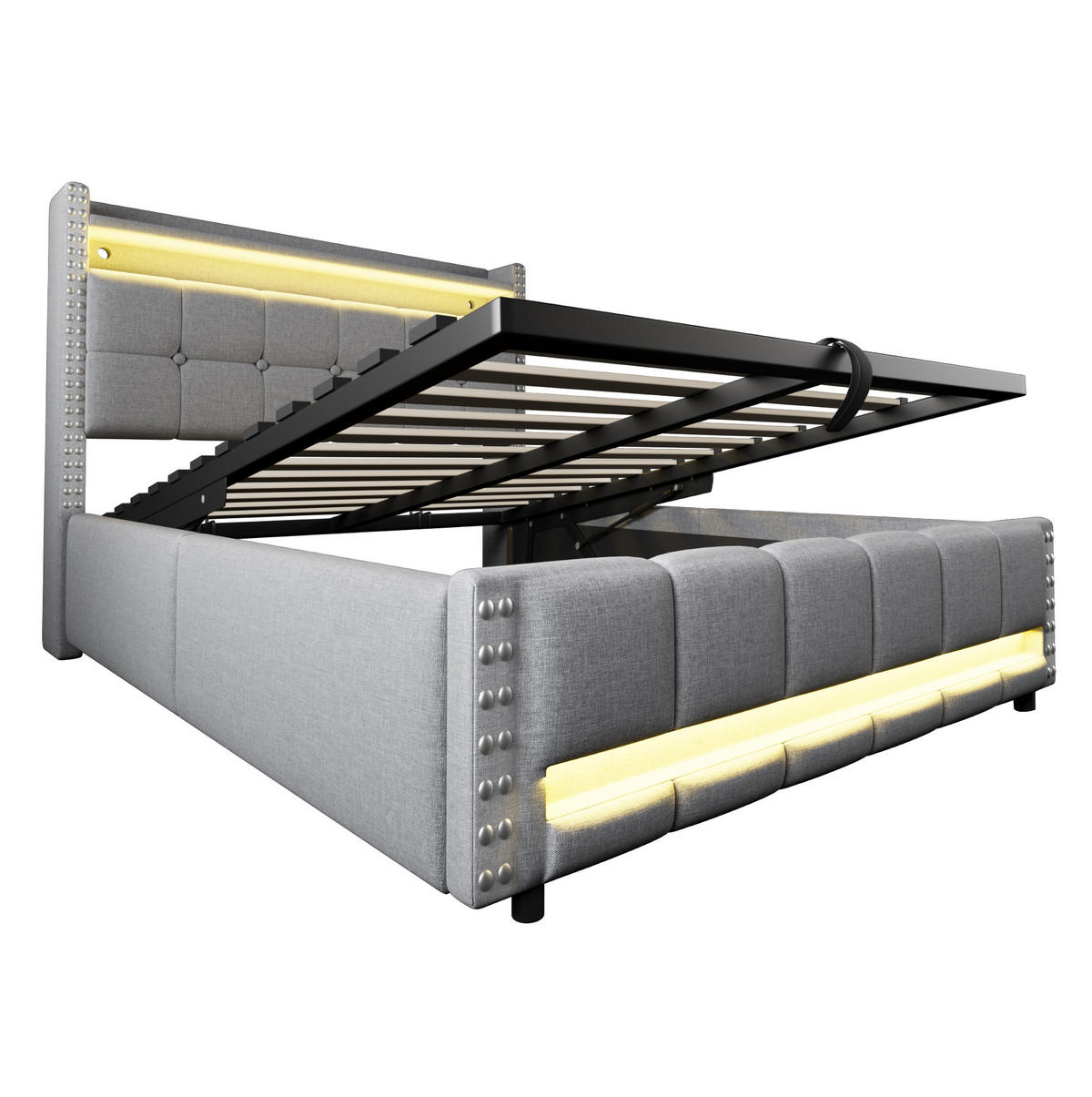 POLSTERBETT mit Bettkasten, LED und USB 140x200 cm Leinen Hellgrau - Hellgrau, Metall (140/200cm) - Beauniv
