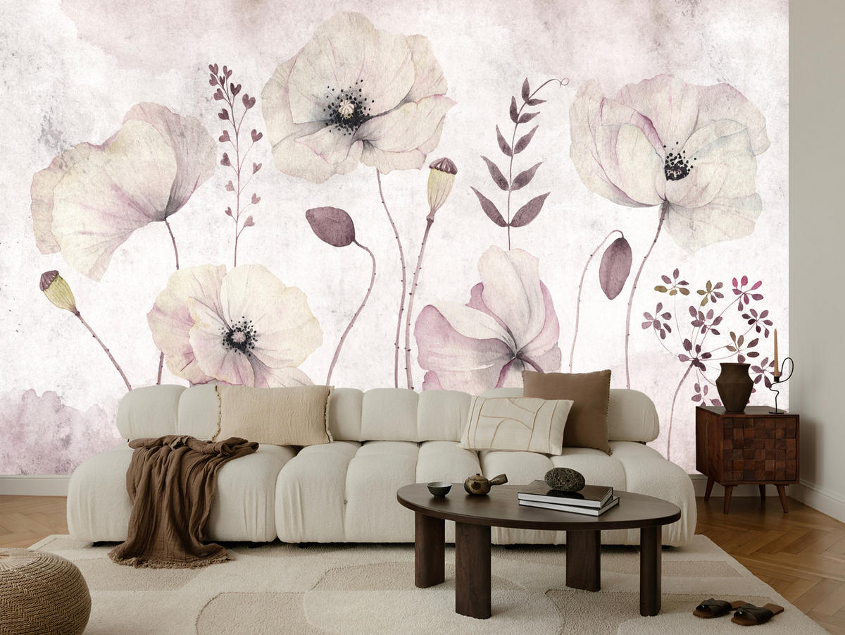 FOTOTAPETE für Schlafzimmer Zarte Mohnblumen Wiese Blumen 500x350 - Violett, Papier (500/350cm) - Muralo