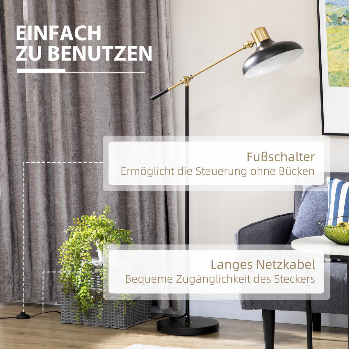 HÖHENVERSTELLBARER Standlampe, Schwarz - Schwarz, Metall (80/30/165cm) - HOMCOM