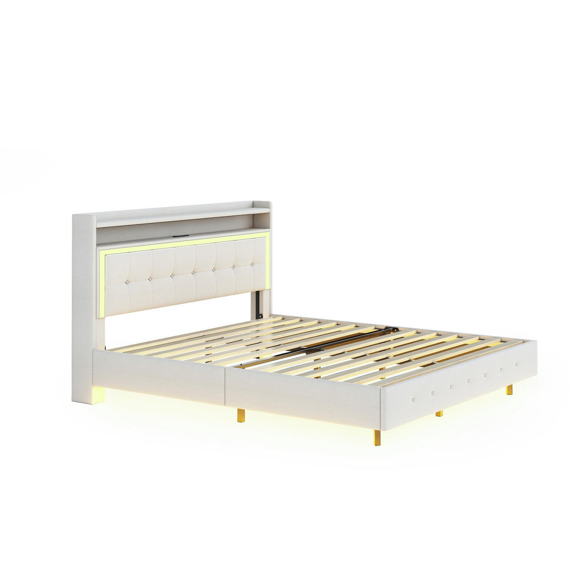 POLSTERBETT 140/200 cm Beige mit USB-Steckdose und LED-Beleuchtung - Beige, Textil (140/200cm) - Flora Grace