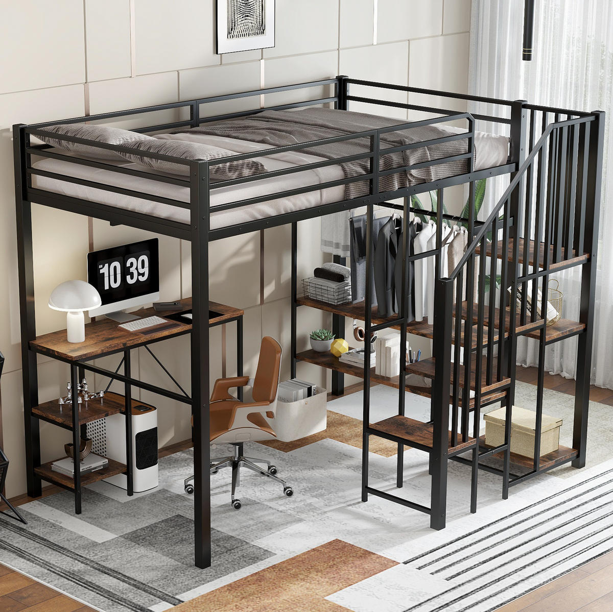 HOCHBETT 120/200 cm aus Metall mit Schreibtisch und offenem Kleiderschrank - Schwarz, Holzwerkstoff (120/200cm) - BEAOK