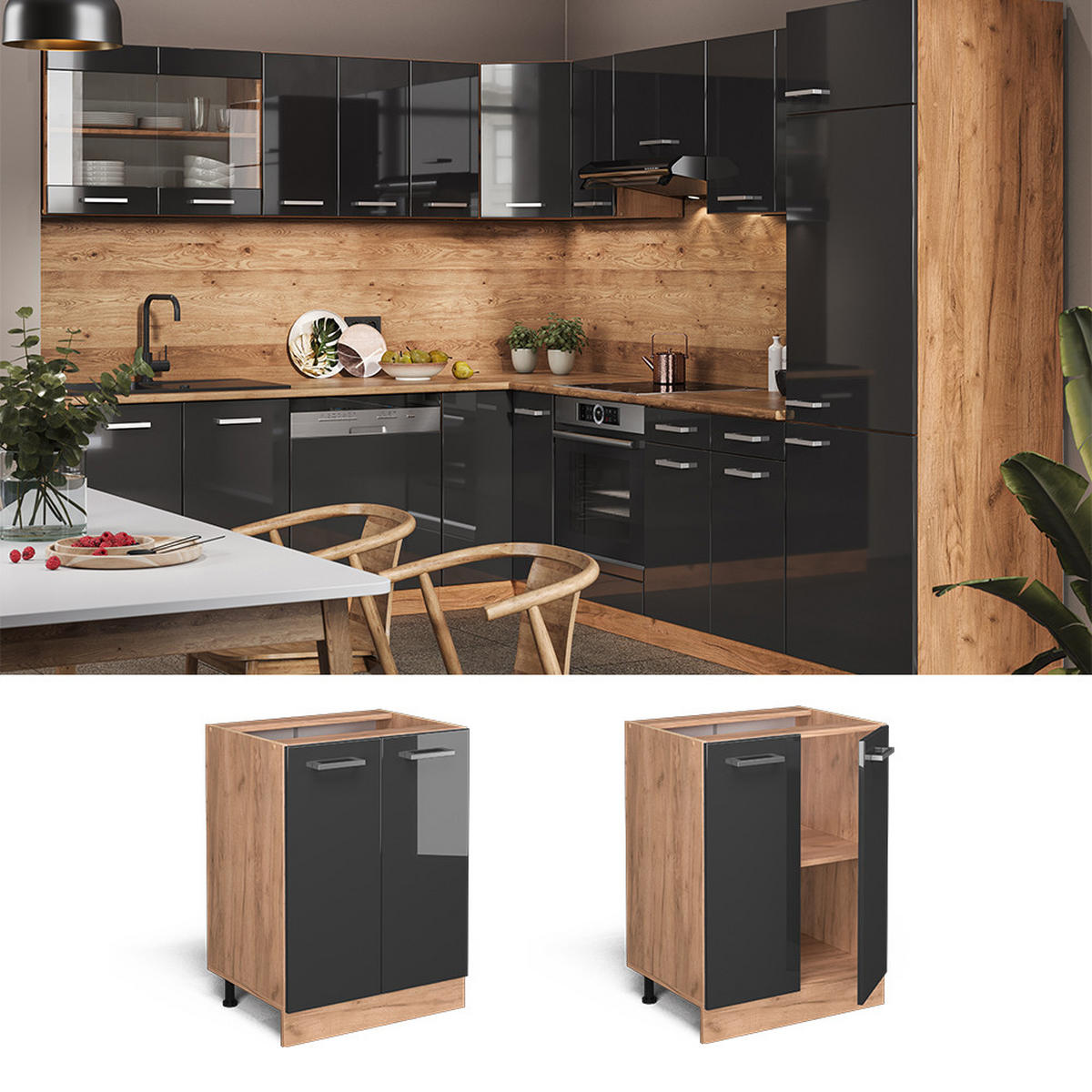 KÜCHENUNTERSCHRANK R-Line Anthrazit Hochglanz 60 cm ohne AP - Anthrazit/Eiche Wotan, Holzwerkstoff (60/81.6/46cm) - Vicco