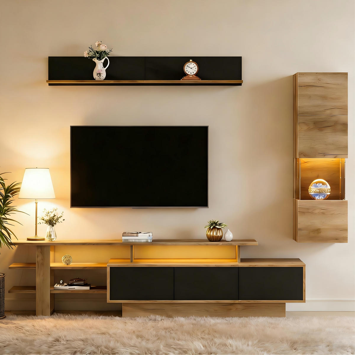 TV-WOHNWAND 3-tlg. 180 cm MDF/Acryl Natural+Black mit LED - Schwarz, Holzwerkstoff (40/45/150cm) - Beauniv