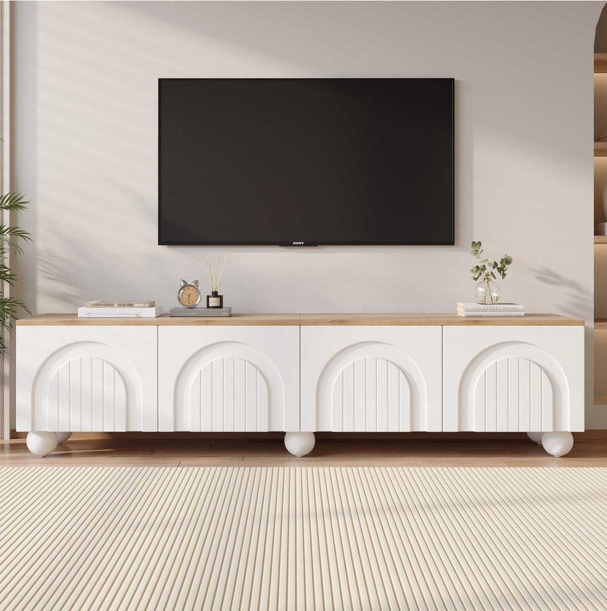 TV ormarić 180/40/45 cm bijelo i hrast od MDF-a s 4 vrata i 6 metalnih nogu - bijela, drvni materijal (180/45/40cm) - OKWISH