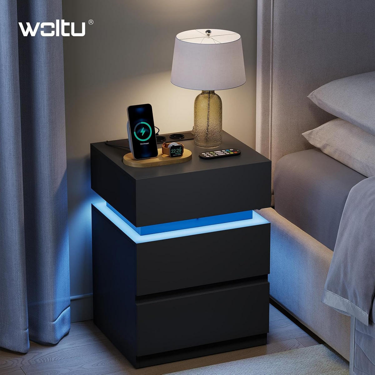NACHTTISCH mit Ladefunktion und LED, Schwarz - Schwarz, Holzwerkstoff (40/55/35cm) - Woltu
