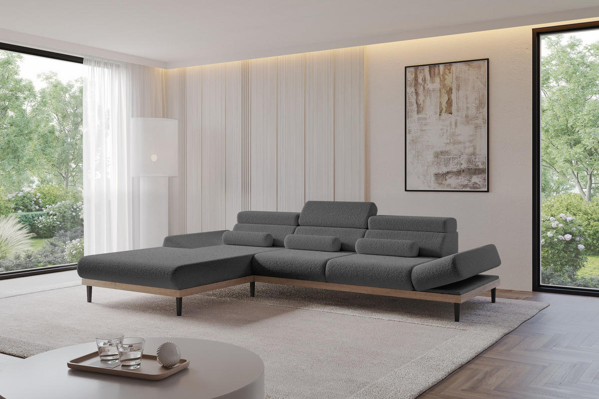 ELEKTRISCHES ECKSOFA Links MONA 316x205x85 Grau Bouclé - Silberfarben/Grau, Holzwerkstoff/Textil (316/205cm) - ALTDECOR