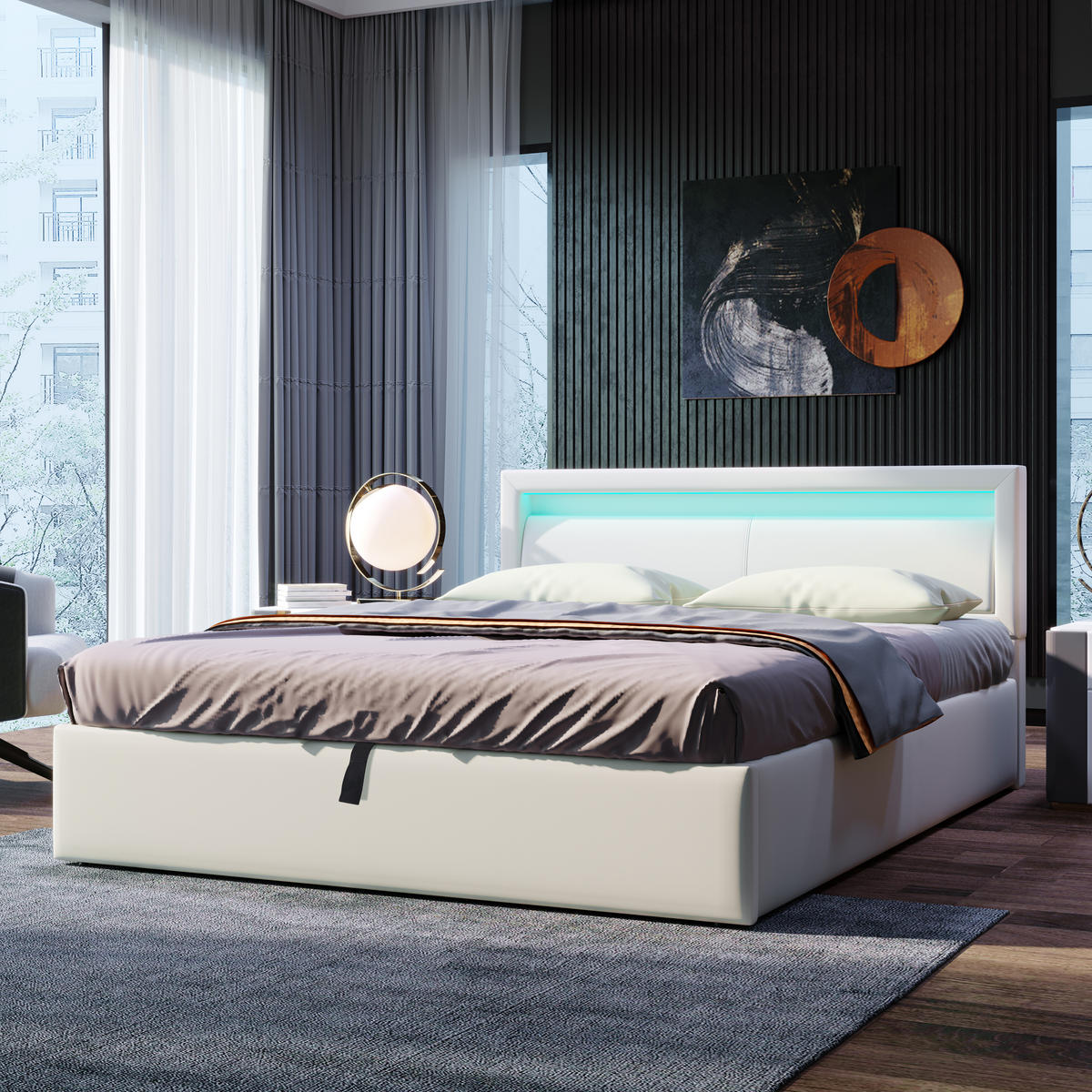 POLSTERBETT 140/200 cm Weiß mit Stauraum und LED-Beleuchtung aus Kunstleder - Weiß, Kunststoff (140/200cm) - OKWISH