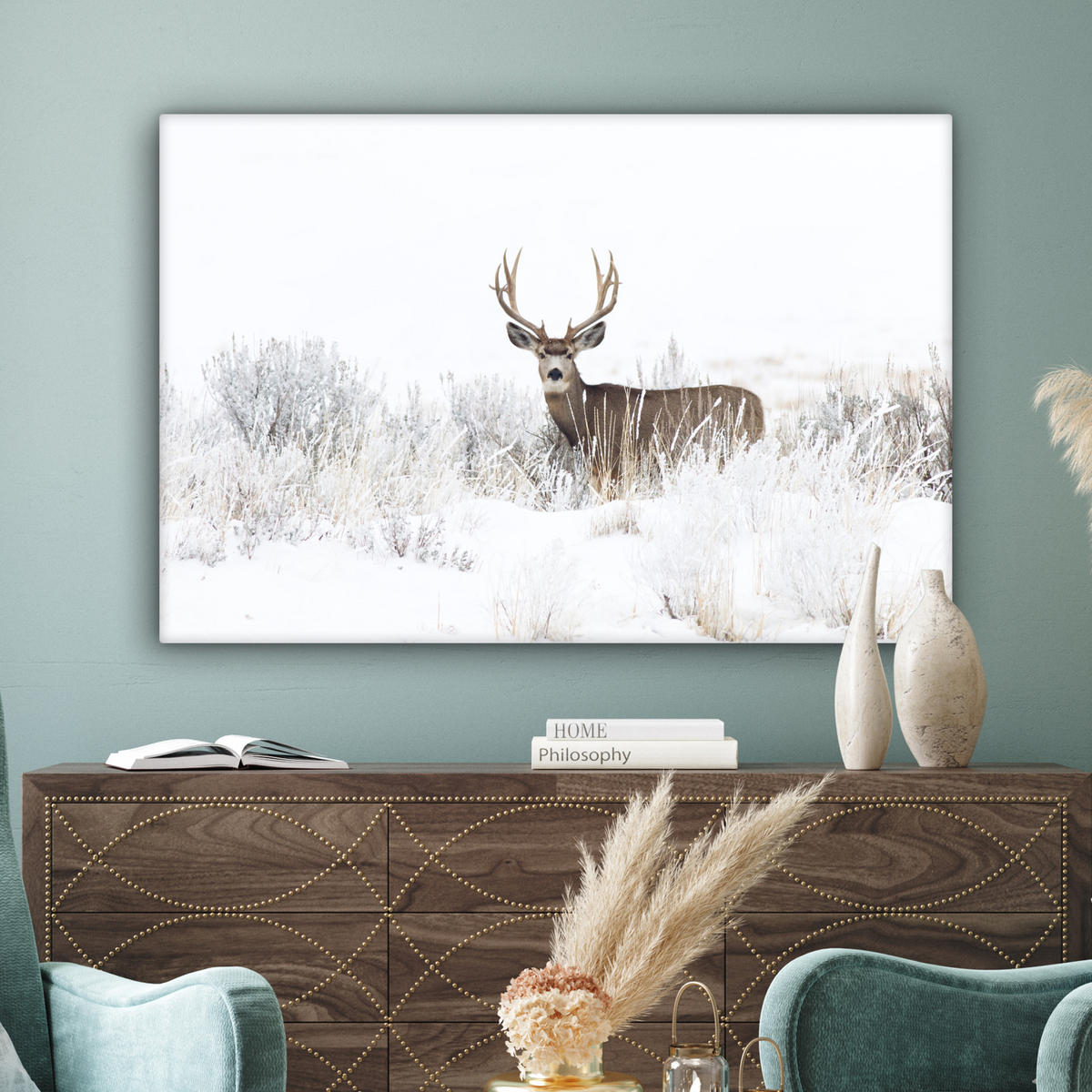 LEINWANDBILD Hirsche - Winter - Schnee - Tiere - Jahreszeiten - Weiß XXL 150x100 cm - Hellbraun, Textil (150/100cm) - MuchoWow