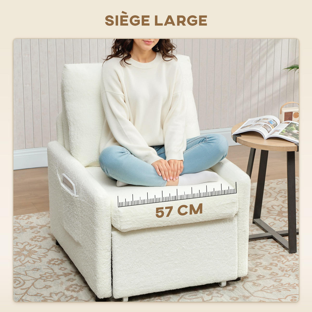 SCHLAFSESSEL DE-14634 mit verstecktem Stauraum und breiter Sitzfläche Creme - Creme, Textil (72/91/85.5cm) - ComfortXL