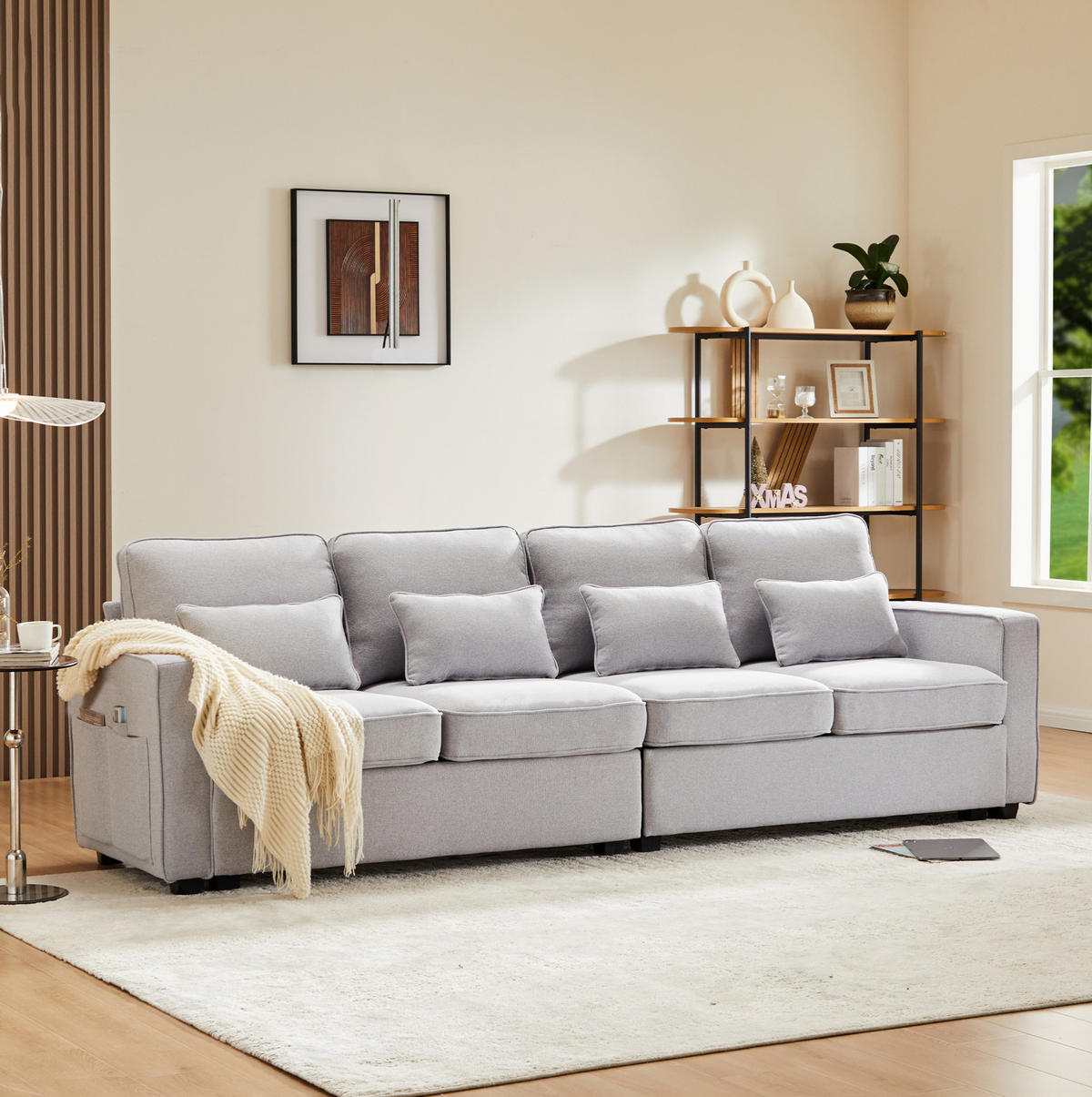 4-SITZER Sofa Leinenstoff mit Taschen an Armlehnen und 4 Kissen 264/83/87 cm Hellgrau - Hellgrau, Textil (87/264/83cm) - Redom