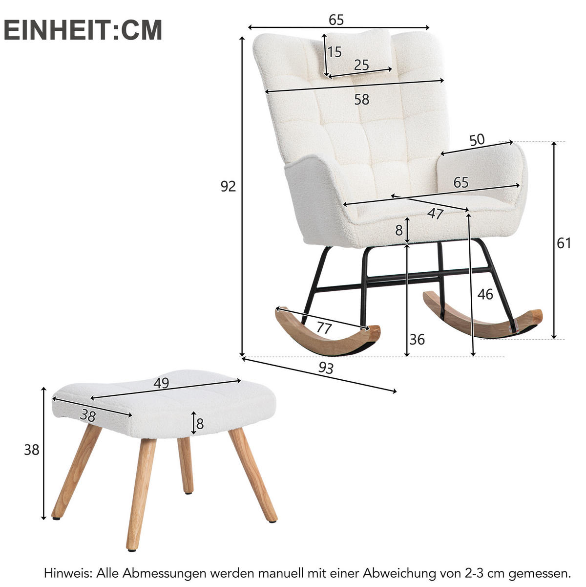 SCHAUKELSTUHL 65/47/92 cm weiß aus Lammfell-Optik mit Hocker - Weiß, Textil (65/92/93cm) - OKWISH