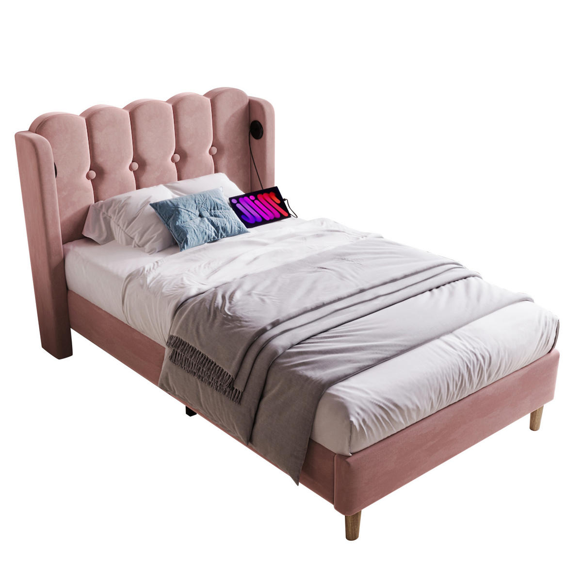 POLSTERBETT 90/200 cm aus Samt mit USB-C-Ladefunktion und Matratze Rosa - Rosa, Textil (90/200cm) - Modenvie