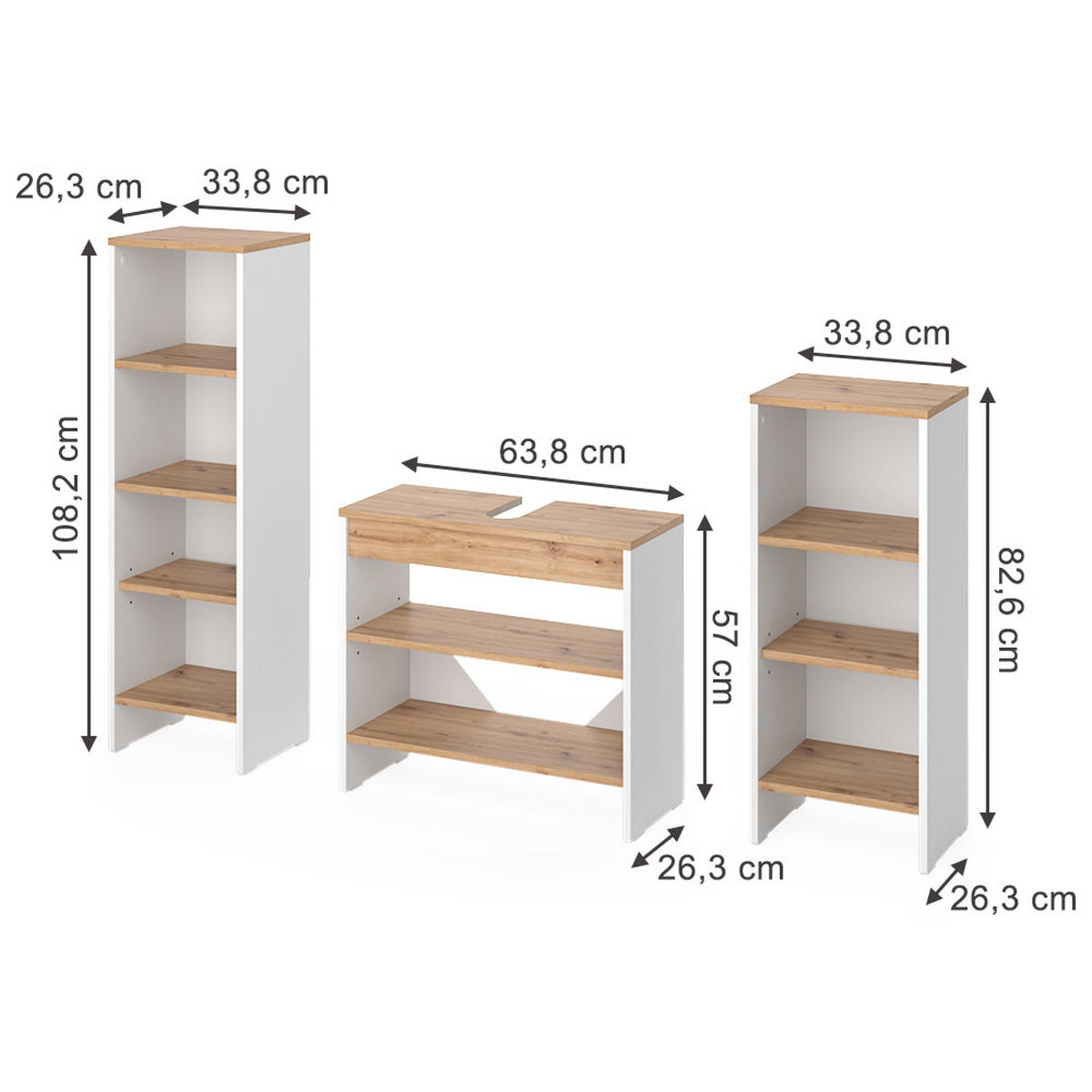 SET KUPAONSKOG NAMJEŠTAJA Karli, Bijela /Hrast zlatnog tona, 3 dijela - bijela/hrast medunac, drvni materijal (131.4/108.2/26.3cm) - Vicco